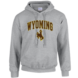 grey hooded sweatshirt with design on front, design is arced word Wyoming, with bucking horse below printed in brown with gold outline