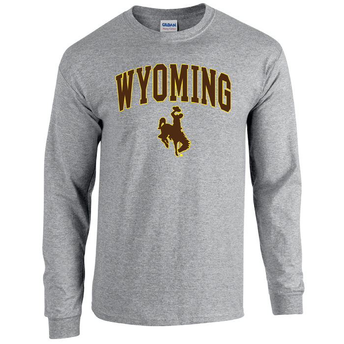 grey long sleeved t-shirt with design on front, design is the word Wyoming arced, with bucking horse below printed in brown with gold outline