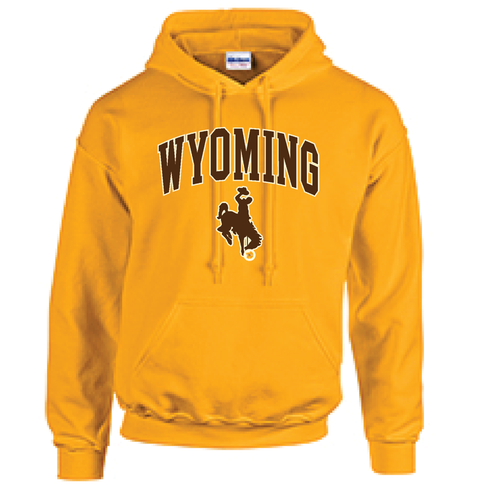 gold hooded sweatshirt with design on front, design is the word Wyoming arced, with bucking horse below, printed in brown with white outline