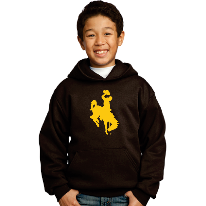 child wearing brown youth hooded sweatshirt with oversized gold bucking horse printed on front center