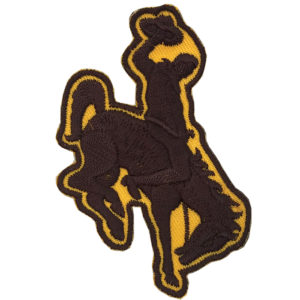 wyoming bucking horse iron on, fabric patch in brown with a gold outline. approx. 3 inches tall
