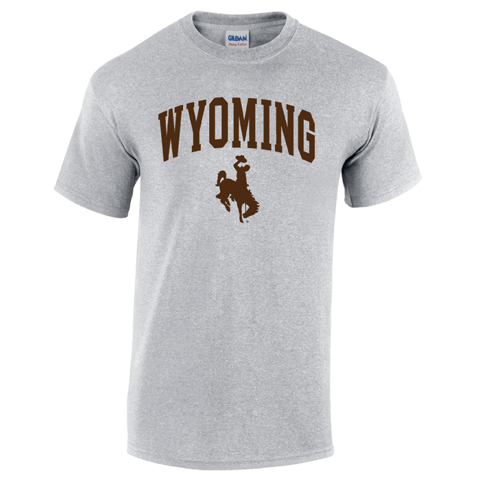 grey short sleeved t-shirt with design on front, design is word Wyoming arced, with bucking horse below printed in brown