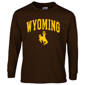 brown long sleeved t-shirt with design on front, design is the word Wyoming arced, with bucking horse below. design printed in gold