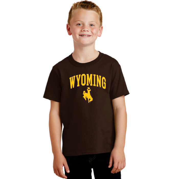 brown youth short sleeved t-shirt with design on front, design is the word Wyoming arced, with bucking horse below. design is printed in gold