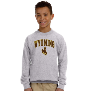 grey youth crewneck sweatshirt with design on front, design is word Wyoming arced, with bucking horse below printed in brown with gold outline