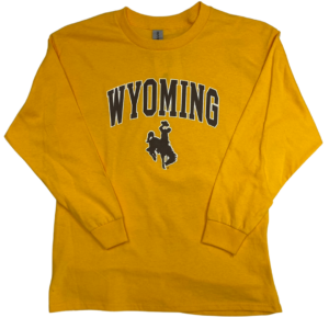 gold long sleeved t-shirt with design on front, design is the word Wyoming arced, with bucking horse below printed in brown with gold outline