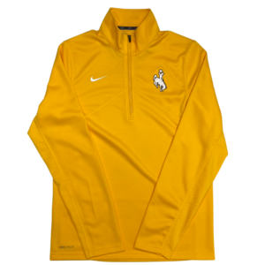 men's Nike gold quarter zip jacket, design is white bucking horse embroidered on left chest, white nike logo on right chest