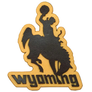 Gold bucking horse shaped magnet, design is brown bucking horse above brown word Wyoming