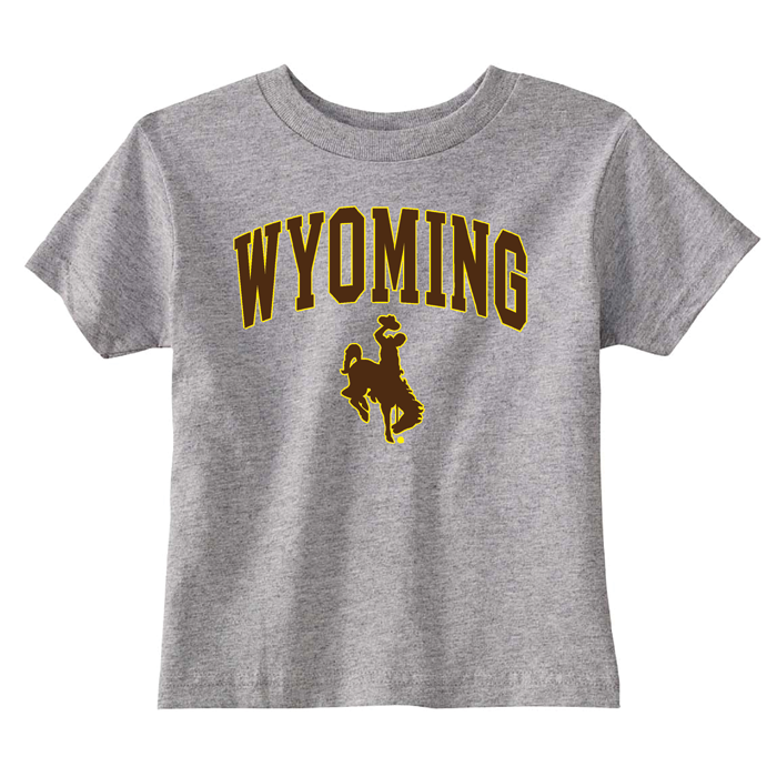 grey toddler short sleeved t-shirt with design on front, design is word Wyoming arced, with bucking horse below printed in brown with gold outline