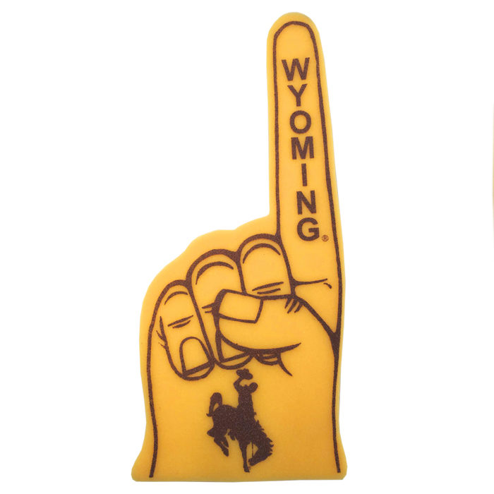 gold foam finger with pointer finger up with the word Wyoming vertically on the finger in brown. Brown bucking horse on lower part of the hand