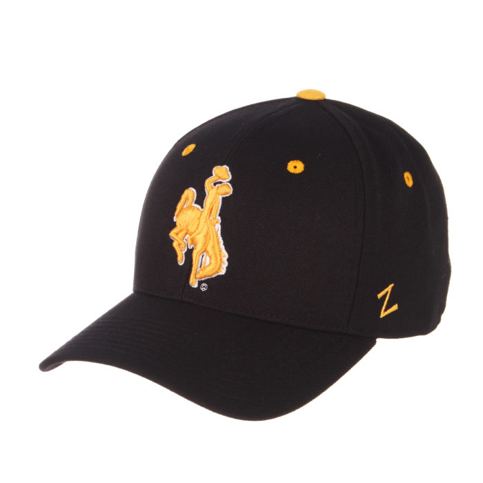 black fitted hat with gold eyelets and gold embroidered bucking horse that is outlined in white in the front center of hat