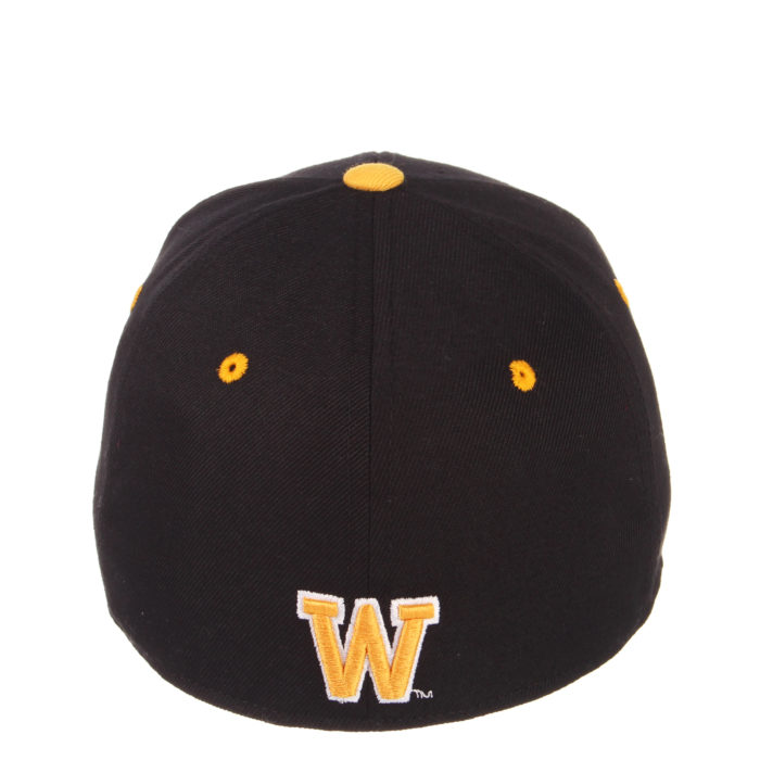 back of black fitted hat with gold eyelets and a gold block W logo outlined in white on bottom center of hat