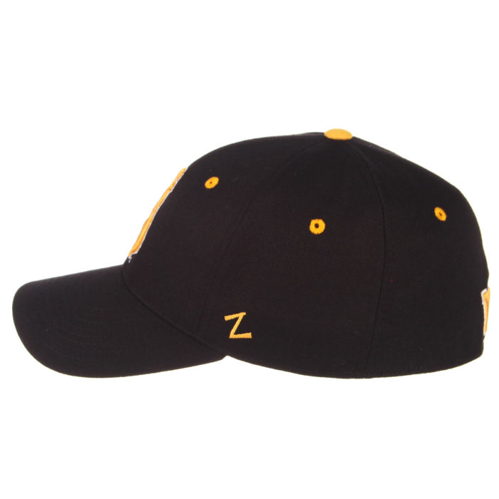 side view of black fitted hat with gold eyelets and embroidered Z logo on the side of hat