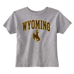 grey infant short sleeved t-shirt with design on front, design is word Wyoming arced, with bucking horse below printed in brown with gold outline