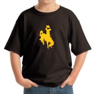 child wearing brown youth brown short sleeved t-shirt with oversized gold bucking horse printed on front center