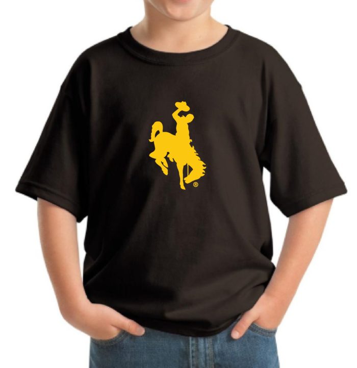 child wearing brown youth brown short sleeved t-shirt with oversized gold bucking horse printed on front center