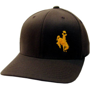 brown flex fit hat with gold bucking horse on left front