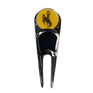 chrome divot tool, removable ball marker on top, design is gold circle with brown bucking horse in center