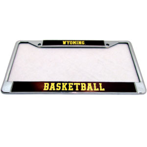 chrome license plate frame with word Wyoming on top of frame and Basketball on bottom of frame, both words in gold with brown background
