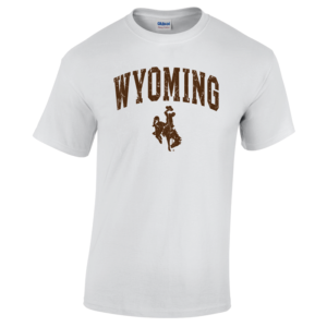 white short sleeved t-shirt with distressed design on front, design is the word Wyoming arced, with bucking horse below printed in brown