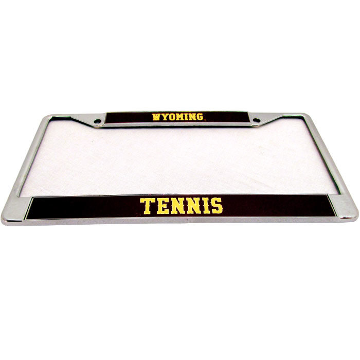 chrome license plate frame with word Wyoming on top of frame and Tennisl on bottom of frame, both words in gold with brown background