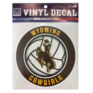 circle vinyl decal in packaging, design is brown circle around white volleyball with brown bucking horse in center, gold words Wyoming Cowgirls in brown circle