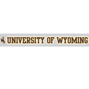 20 inch long vinyl decal that includes a bucking horse and the slogan University of Wyoming. design is in brown with gold outline