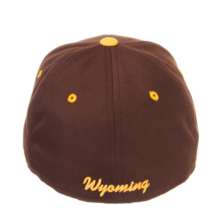back of brown fitted hat with gold eyelets and word Wyoming embroidered in gold script font on bottom center of hat