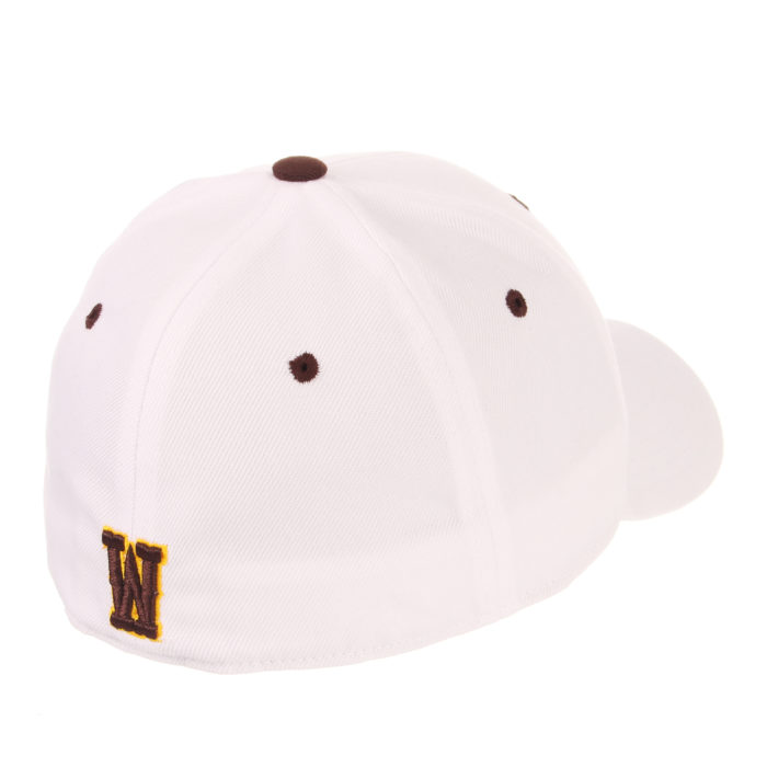 back of white fitted hat with brown eyelets, brown w in center back outlined in gold