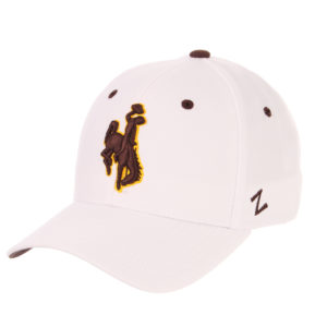 white fitted hat with brown eyelets and brown embroidered bucking horse outlined in gold in front center of hat