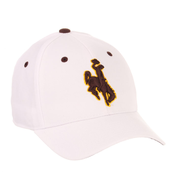 white fitted hat with brown eyelets and brown embroidered bucking horse that is outlined in gold in the front center of hat