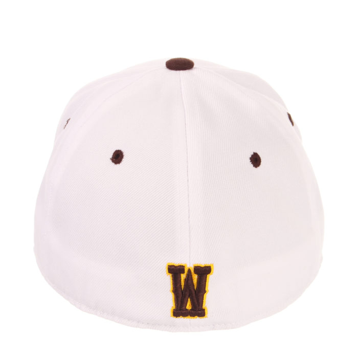 back of white fitted hat with brown eyelets and a brown block W initial outlined in gold on bottom center of hat