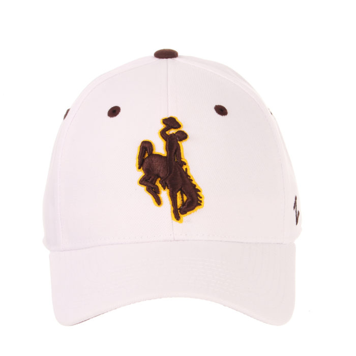 front view of white fitted hat with brown eyelets and brown embroidered bucking horse that is outlined in gold in the front center of hat