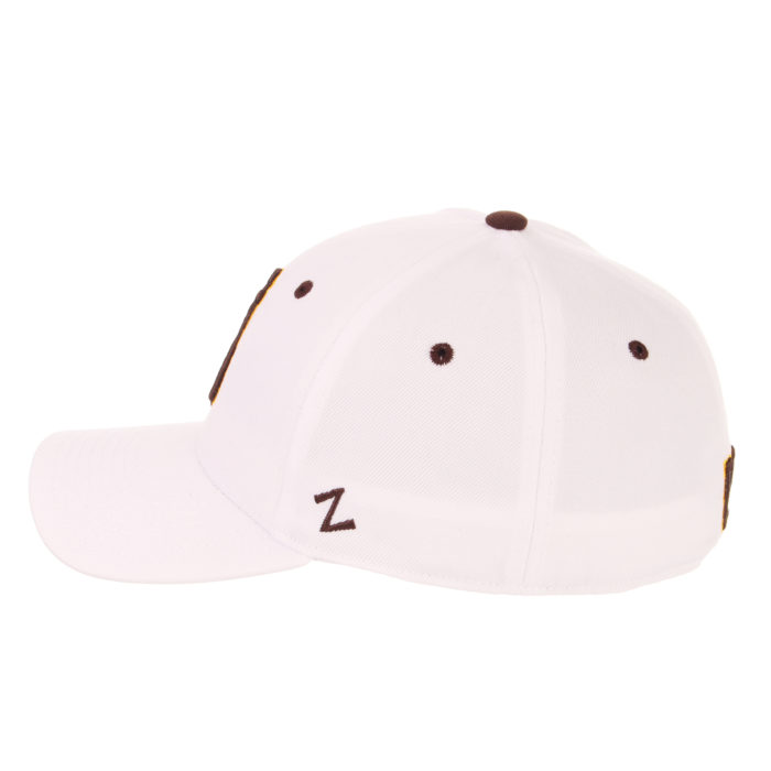 side view of white fitted hat with brown eyelets and embroidered Z logo on the side of hat