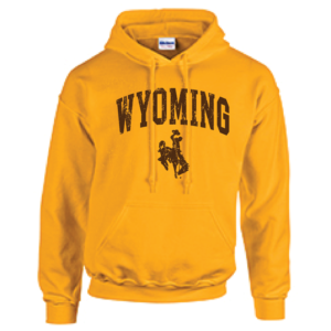 gold hooded sweatshirt with distressed design on front, design is word Wyoming arced, with bucking horse below. design printed in brown
