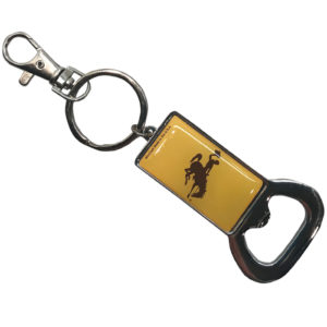 gold enamel keychain with bottle opener bottom. has a brown bucking horse on gold enamel portion