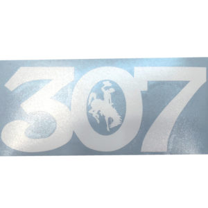 6 inch long white vinyl decal that is cut into the numbers 307 in block font. white bucking horse in the center of the 0