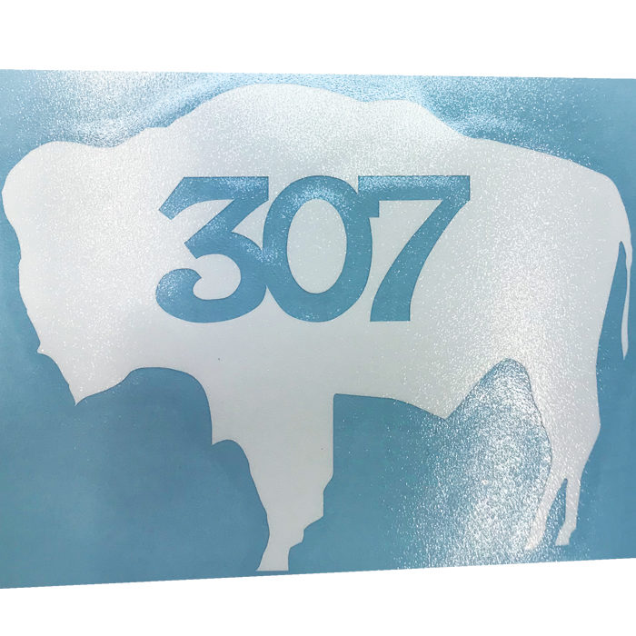 4 inch long white vinyl buffalo decal with 307 cut out in center of buffalo