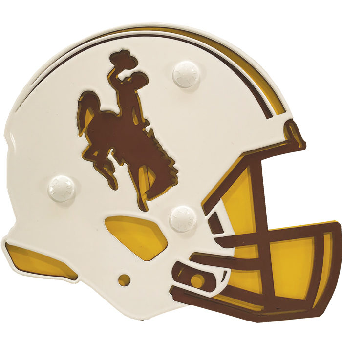 metal hitch cover in the shape of football helmet. made out of white, gold, and brown metal with large bucking horse on side of helmet