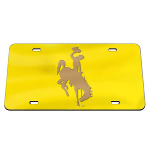 acrylic gold mirrored license plate cover with brown mirrored bucking horse in the center