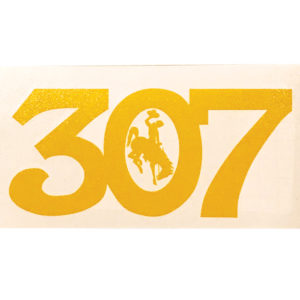 6 inch long gold vinyl decal that is cut into the numbers 307 in block font. white bucking horse in the center of the 0