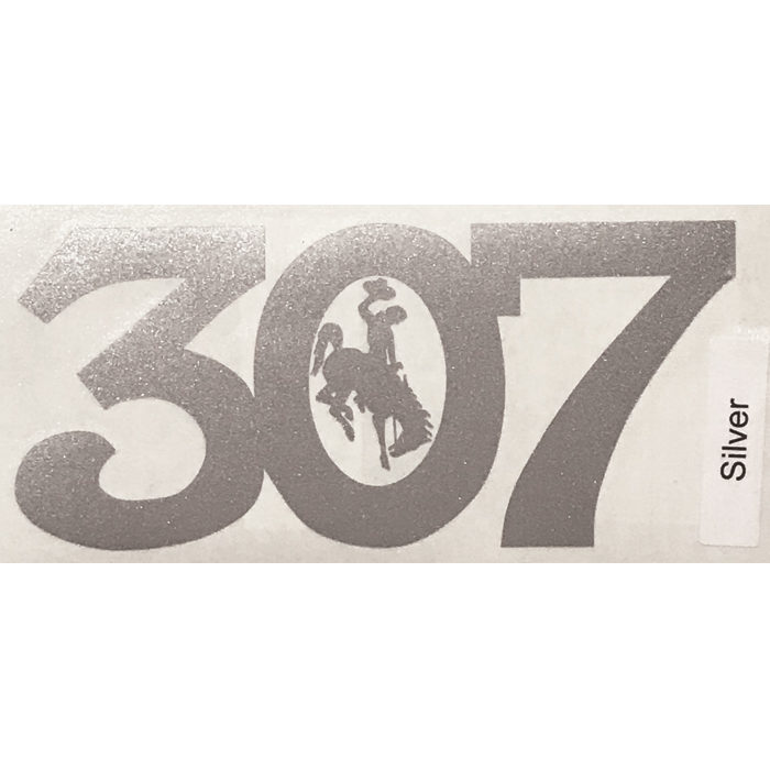6 inch long silver vinyl decal that is cut into the numbers 307 in block font. white bucking horse in the center of the 0