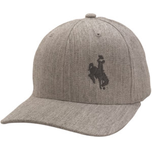 grey flex fit hat with charcoal grey embroidered bucking horse on left front