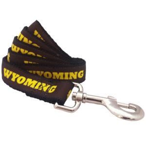 durable fabric dog leash with metal clasp. fabric is brown, with gold word Wyoming repeated on leash