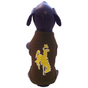 brown dog t-shirt with large, gold embroidered bucking horse on the back