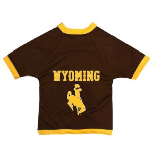 athletic pet jersey in brown with gold trim. the word Wyoming with the bucking horse logo below printed in gold in the center