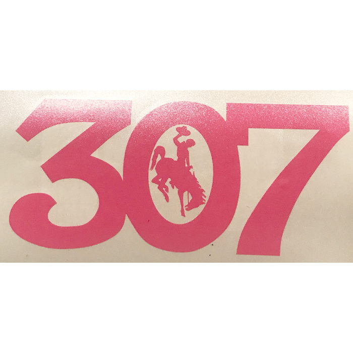6 inch long pink vinyl decal that is cut into the numbers 307 in block font. white bucking horse in the center of the 0