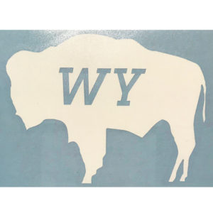 4 inch long, white buffalo shaped vinyl decal. decal has initials WY cut out of the center of the buffalo in a block print