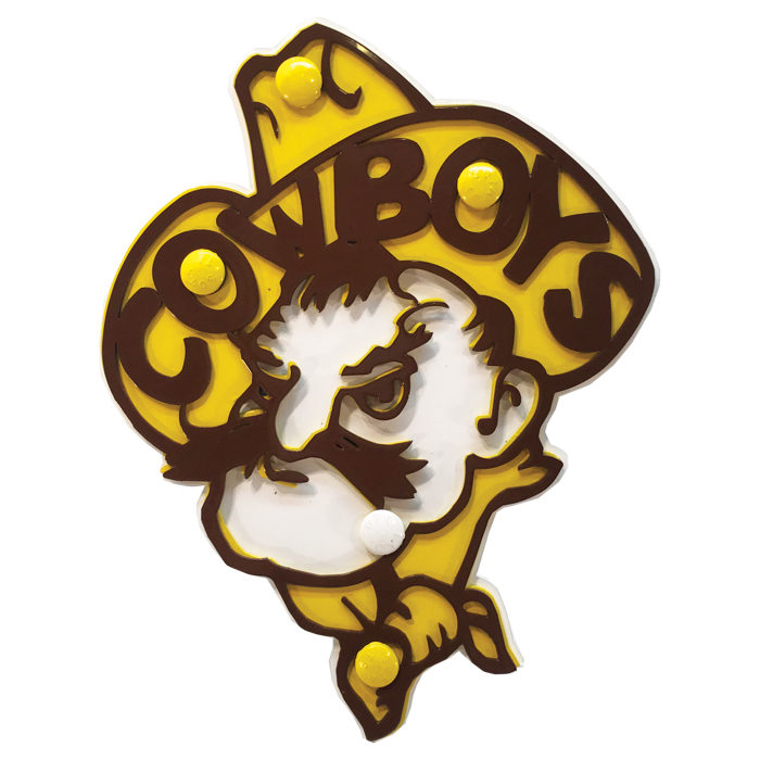 metal hitch cover in the shape of Pistol Pete head logo, in brown and gold