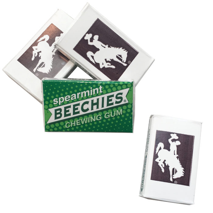 individual, rectangular beechies brand gum packets with a white bucking horse with a brown background